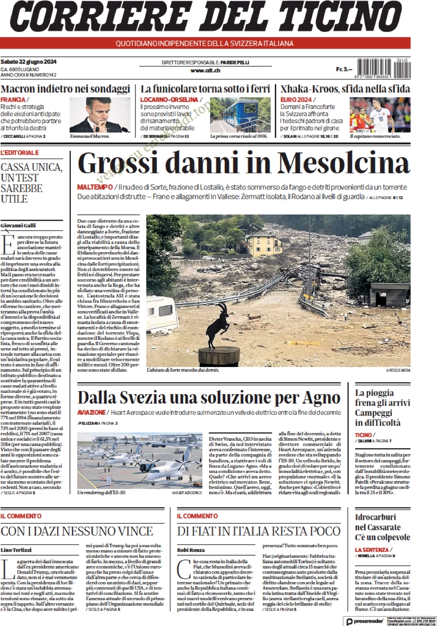anteprima della prima pagina di corriere-del-ticino del 22/06/2024