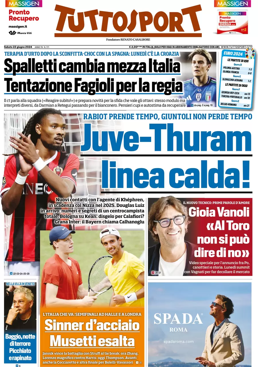 anteprima della prima pagina di tuttosport del 22/06/2024