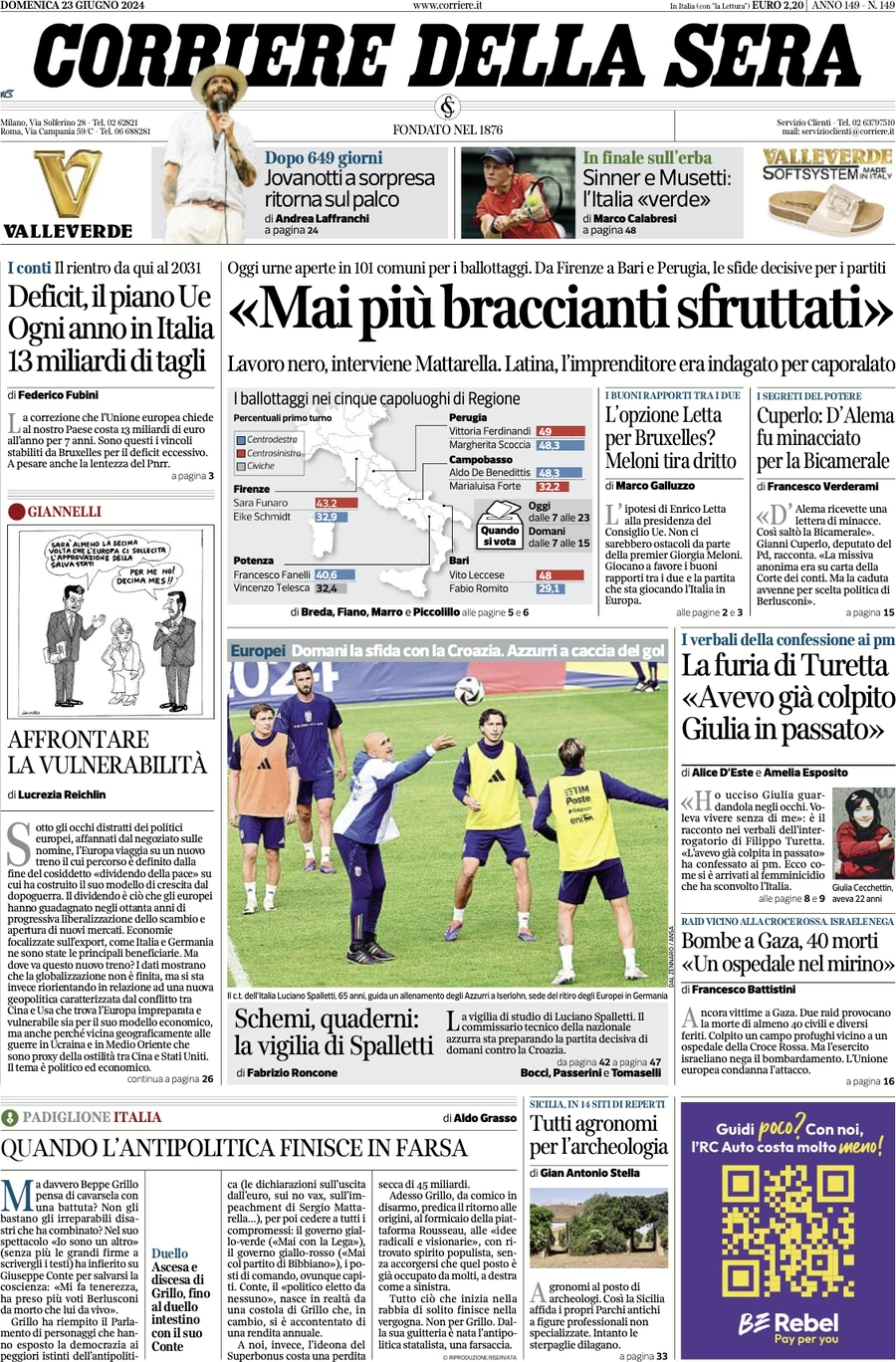anteprima della prima pagina di corriere-della-sera del 23/06/2024