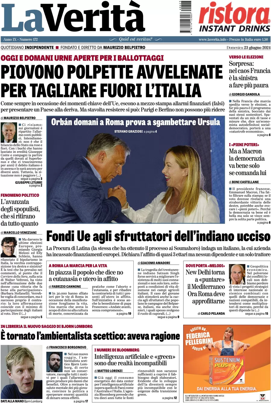 anteprima della prima pagina di la-verit del 23/06/2024