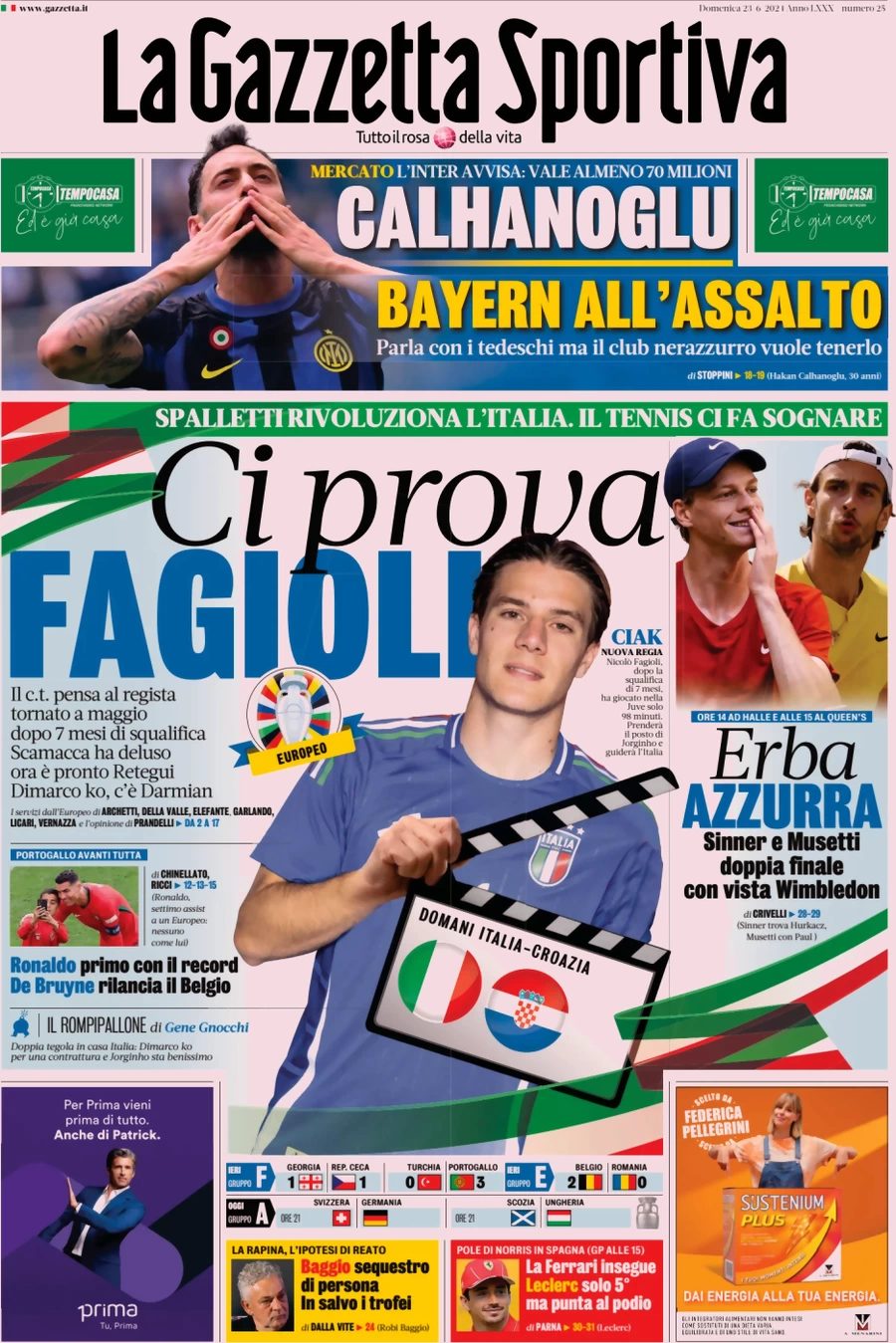 anteprima della prima pagina di la-gazzetta-dello-sport del 23/06/2024