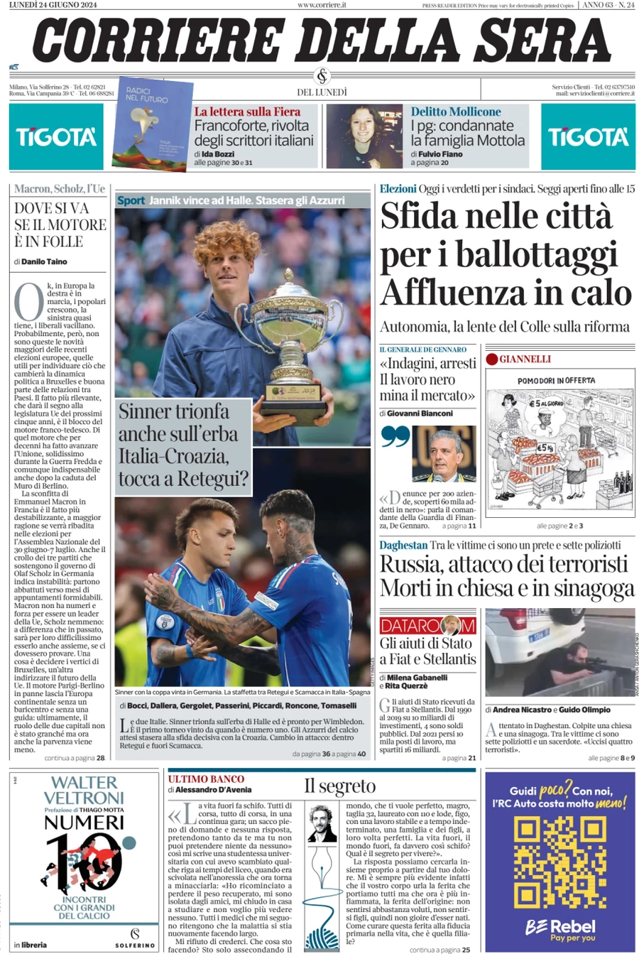 anteprima della prima pagina di corriere-della-sera del 24/06/2024
