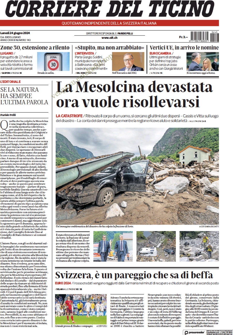 anteprima della prima pagina di corriere-del-ticino del 24/06/2024