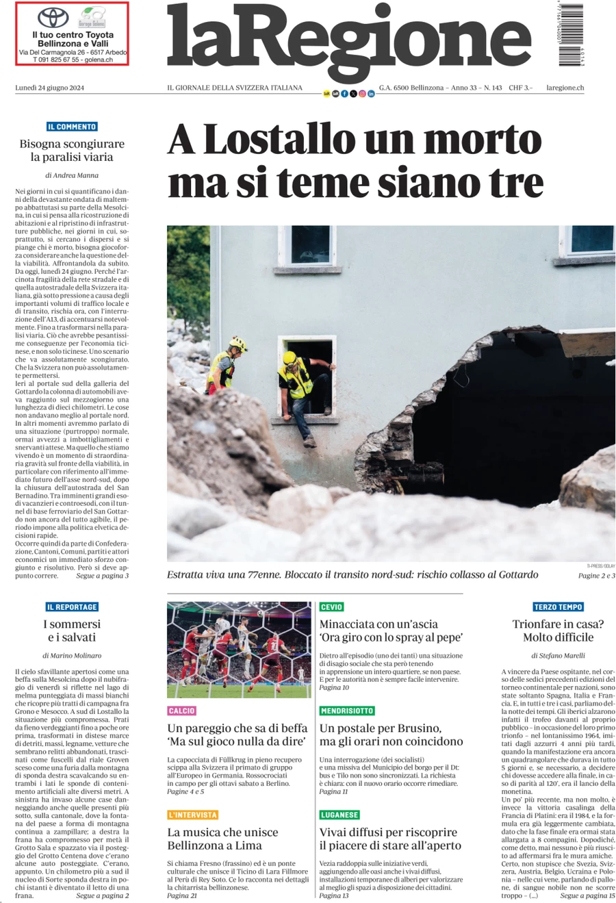 anteprima della prima pagina di la-regione del 24/06/2024