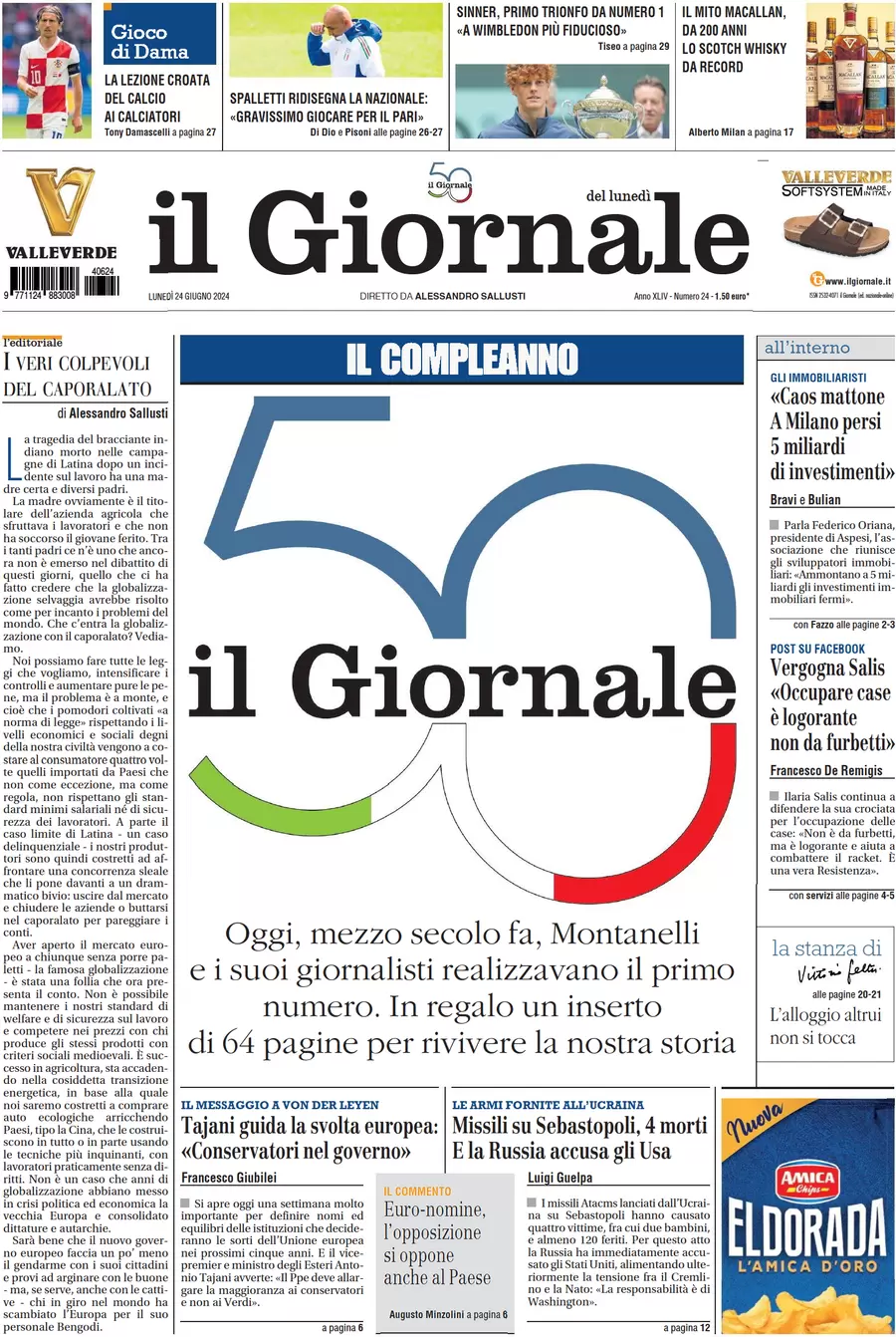 anteprima della prima pagina di il-giornale del 24/06/2024