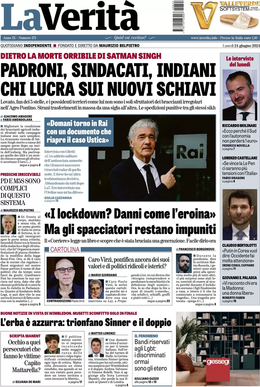 anteprima della prima pagina di la-verit del 24/06/2024