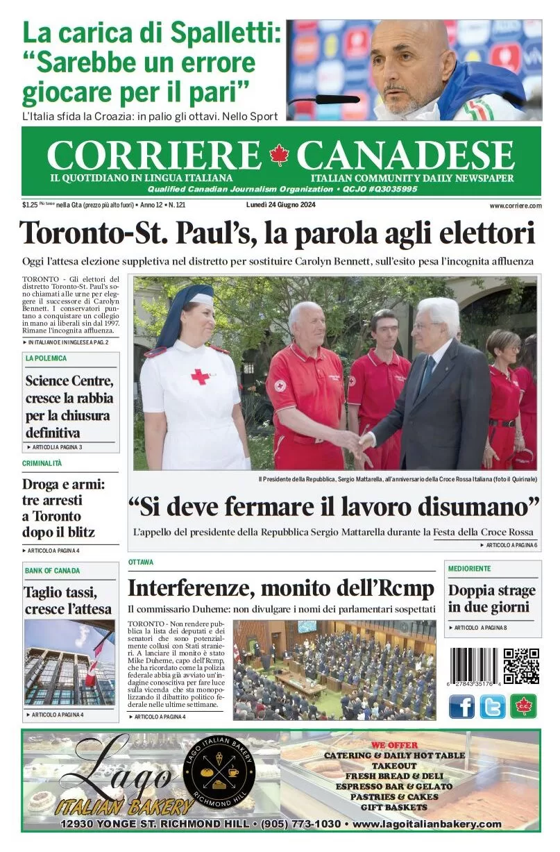 anteprima della prima pagina di corriere-canadese del 24/06/2024