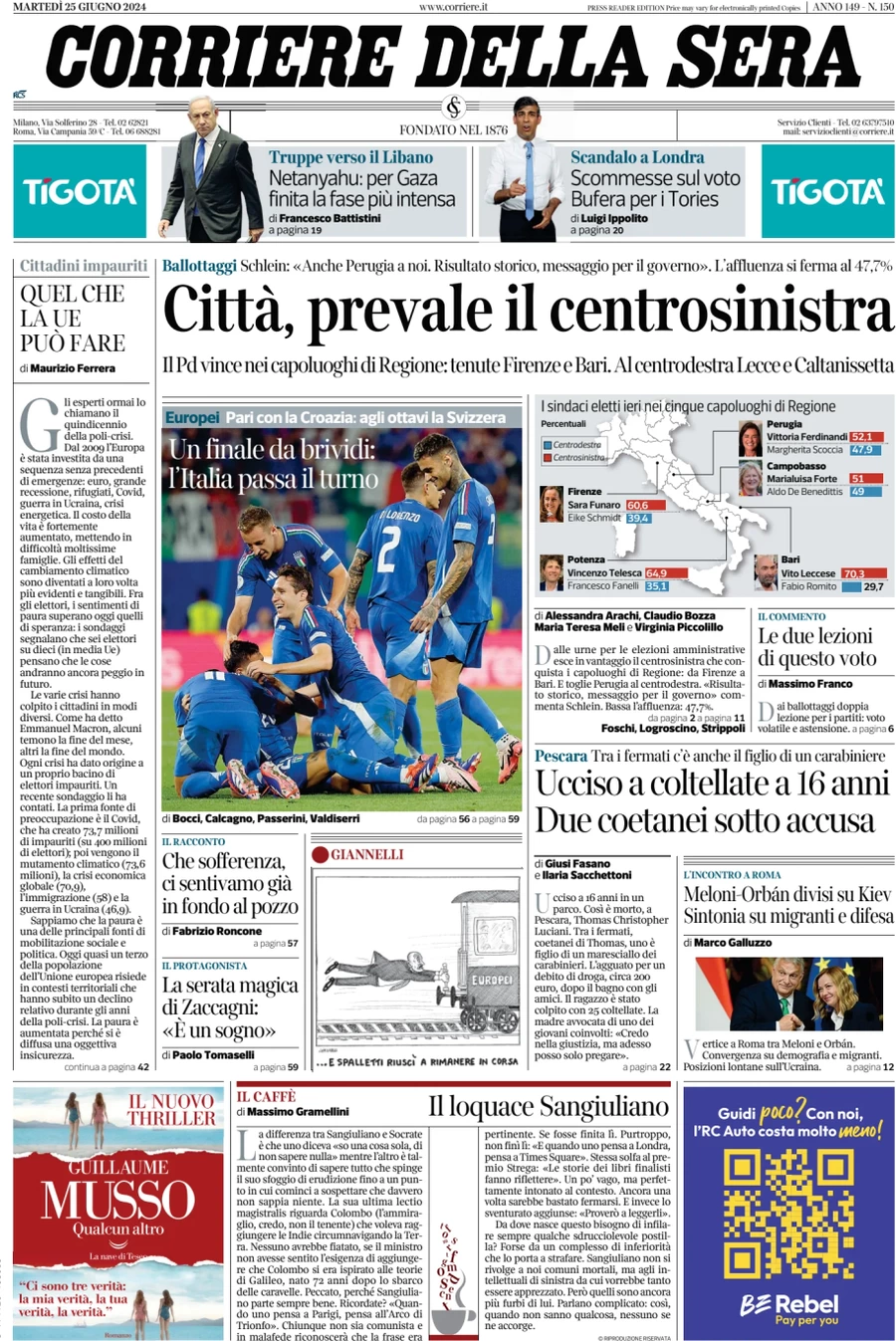 anteprima della prima pagina di corriere-della-sera del 25/06/2024