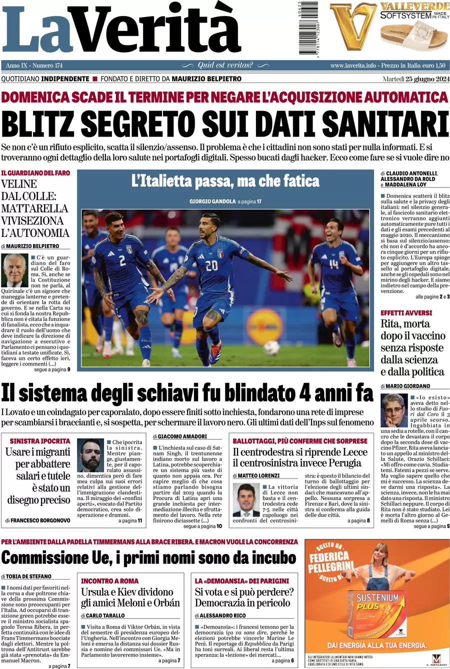 anteprima della prima pagina di la-verit del 25/06/2024