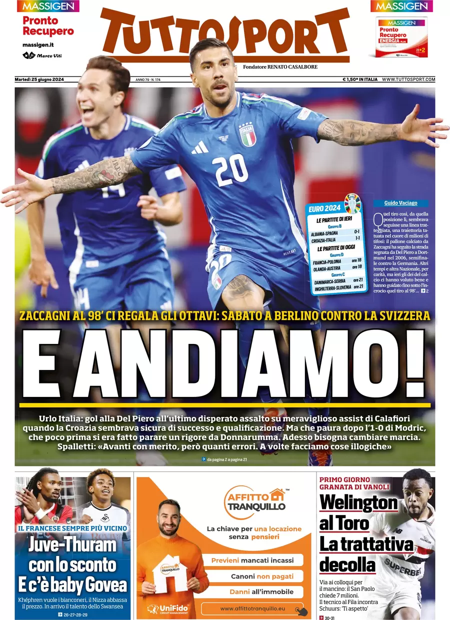 anteprima della prima pagina di tuttosport del 25/06/2024