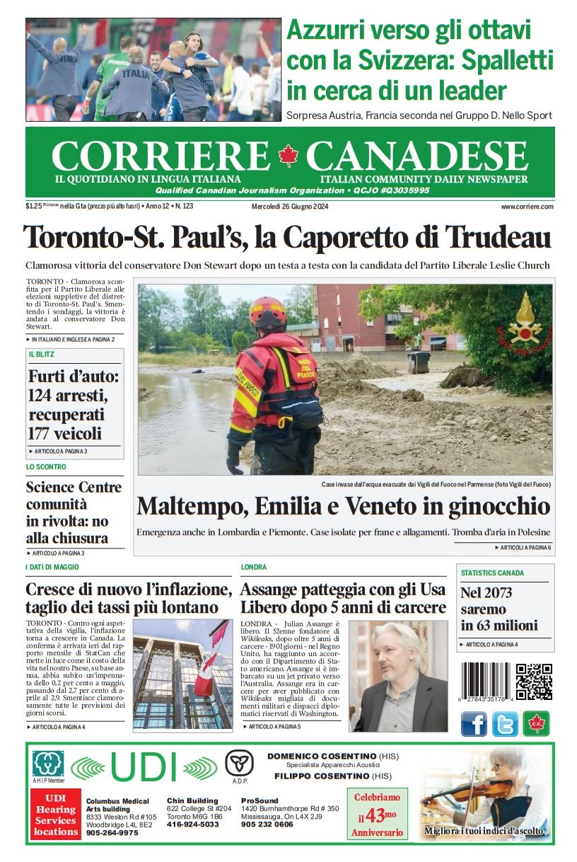anteprima della prima pagina di corriere-canadese del 26/06/2024