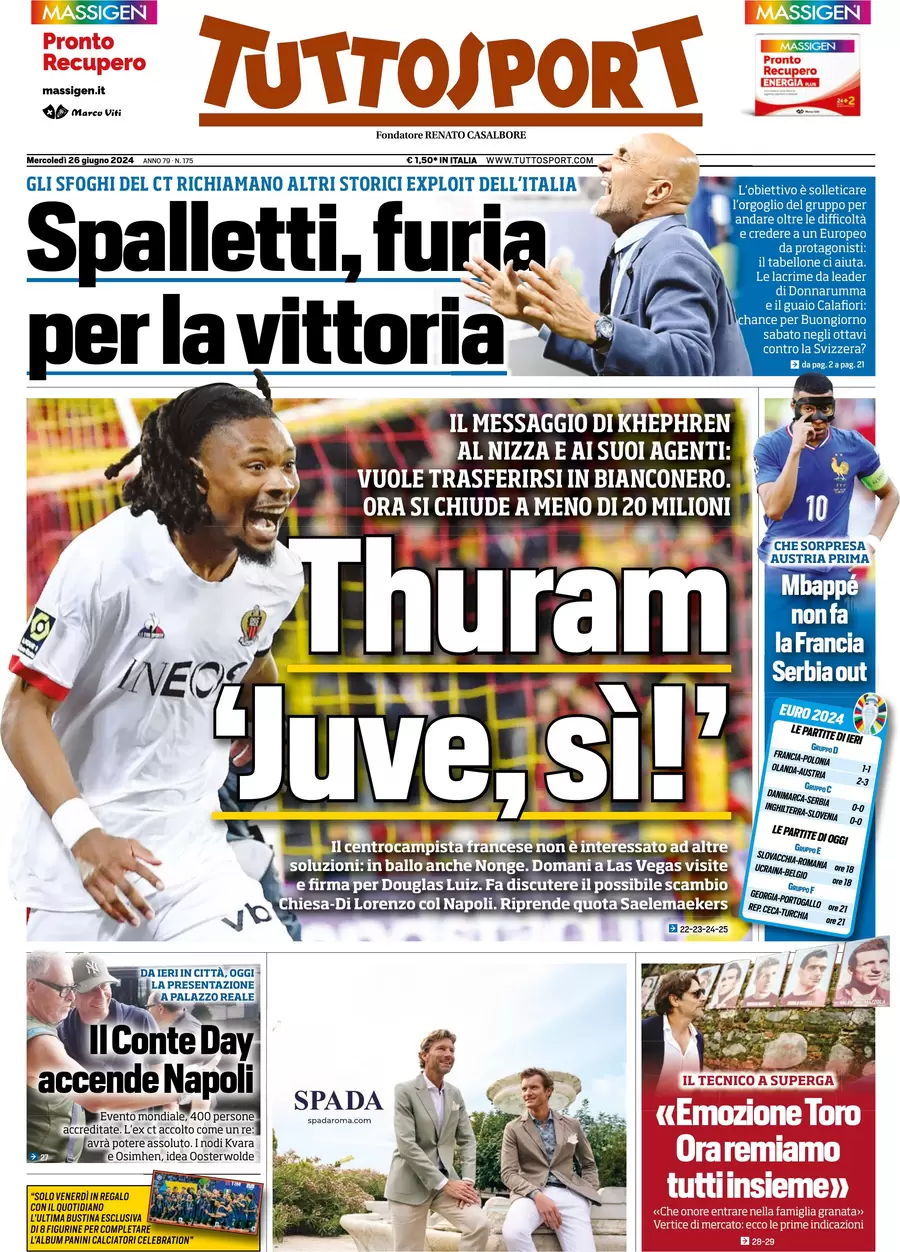 anteprima della prima pagina di tuttosport del 26/06/2024