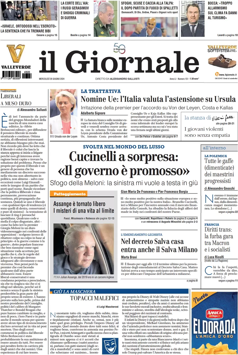 anteprima della prima pagina di il-giornale del 26/06/2024