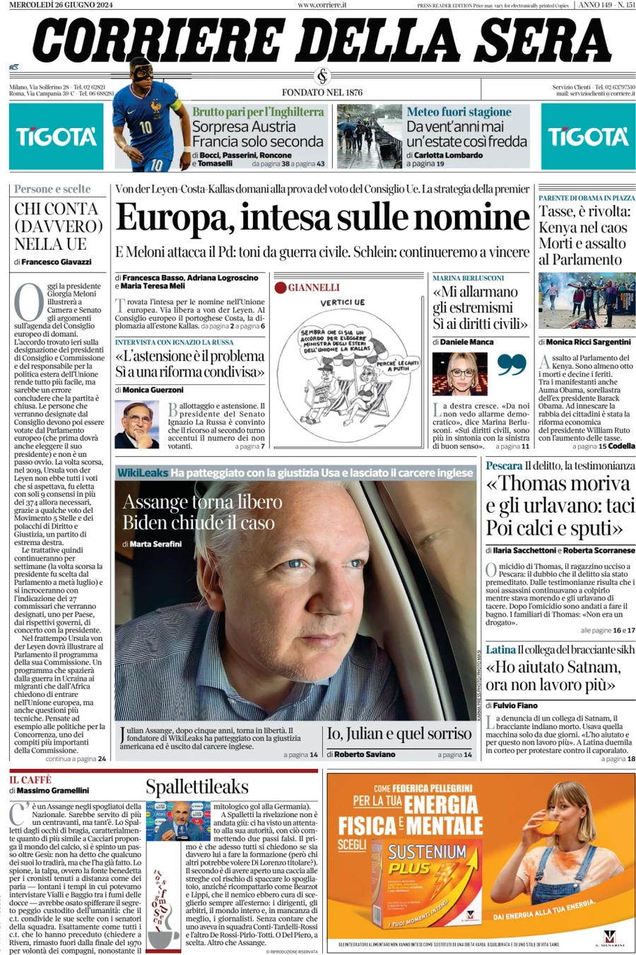 anteprima della prima pagina di corriere-della-sera del 26/06/2024