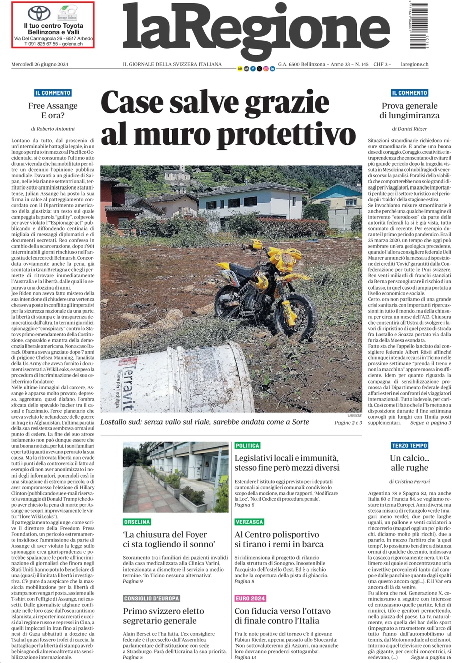 anteprima della prima pagina di la-regione del 26/06/2024
