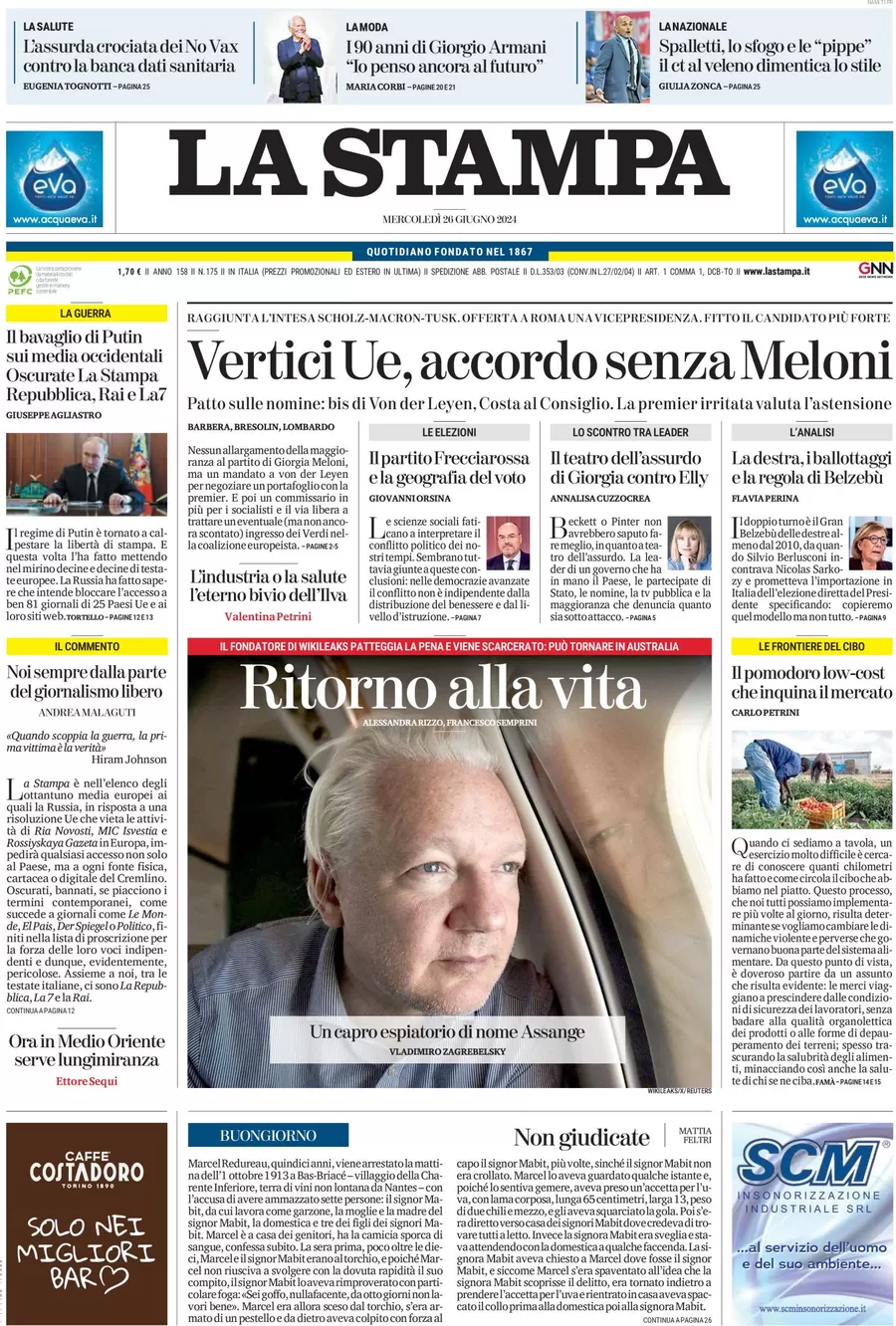 anteprima della prima pagina di la-stampa del 26/06/2024