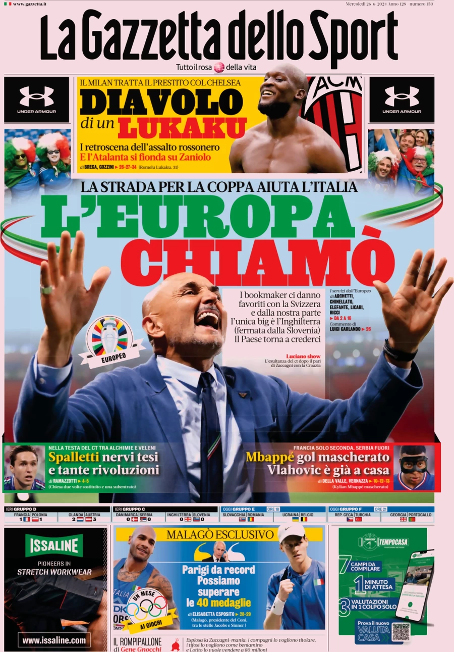 anteprima della prima pagina di la-gazzetta-dello-sport del 26/06/2024