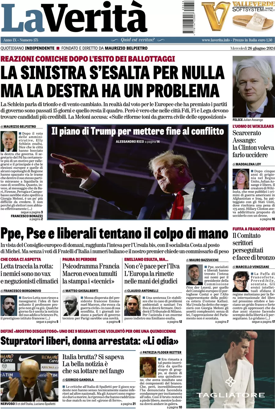 anteprima della prima pagina di la-verit del 26/06/2024