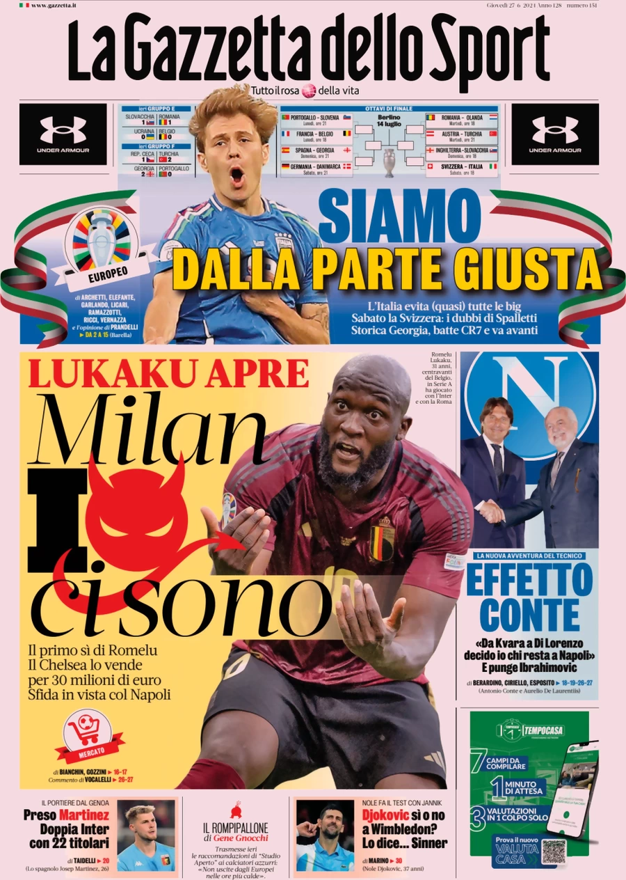 anteprima della prima pagina di la-gazzetta-dello-sport del 27/06/2024