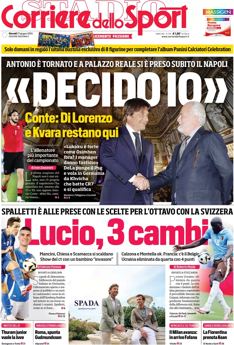 anteprima della prima pagina di corriere-dello-sport del 27/06/2024