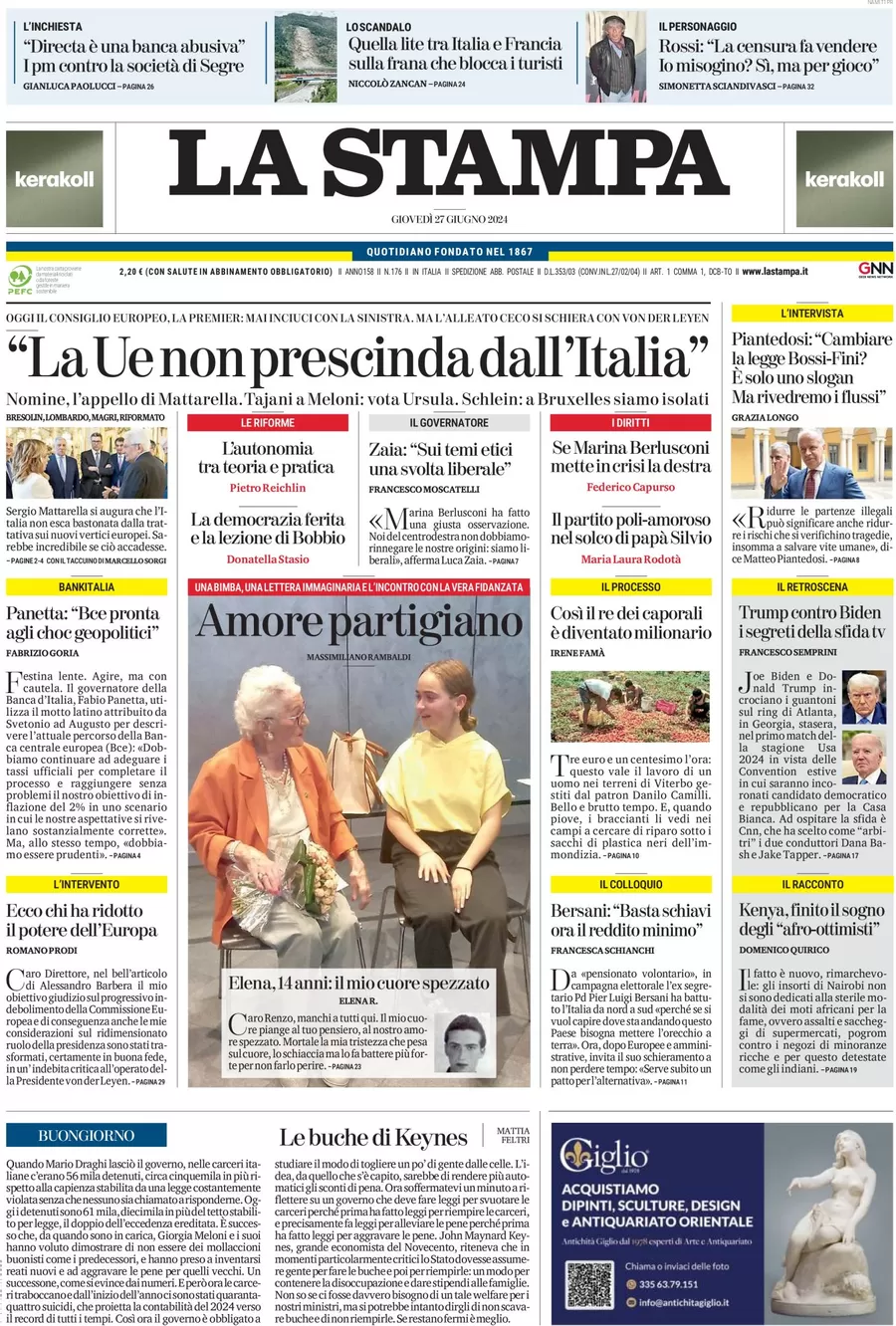 anteprima della prima pagina di la-stampa del 27/06/2024