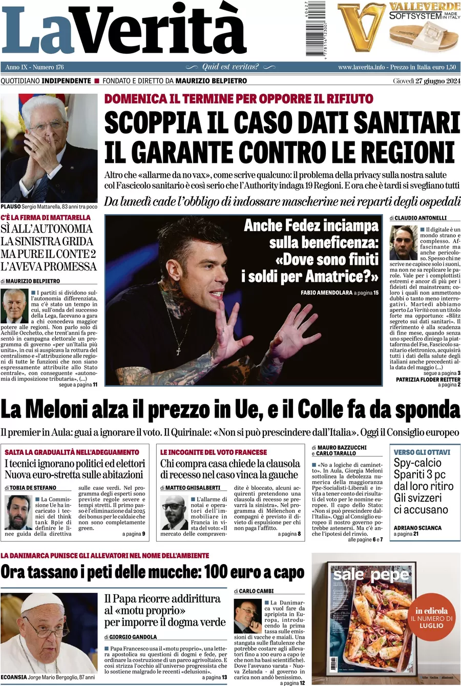 anteprima della prima pagina di la-verit del 27/06/2024