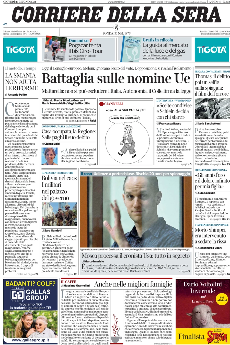 anteprima della prima pagina di corriere-della-sera del 27/06/2024