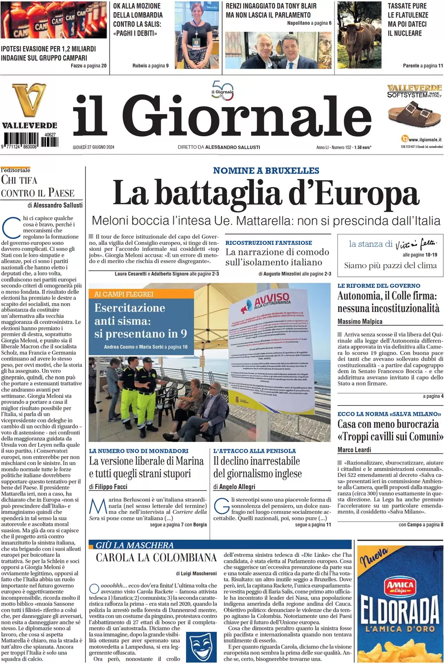 anteprima della prima pagina di il-giornale del 27/06/2024