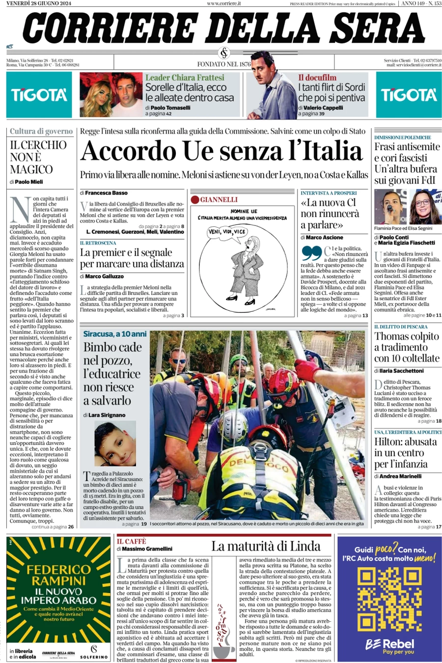 anteprima della prima pagina di corriere-della-sera del 28/06/2024