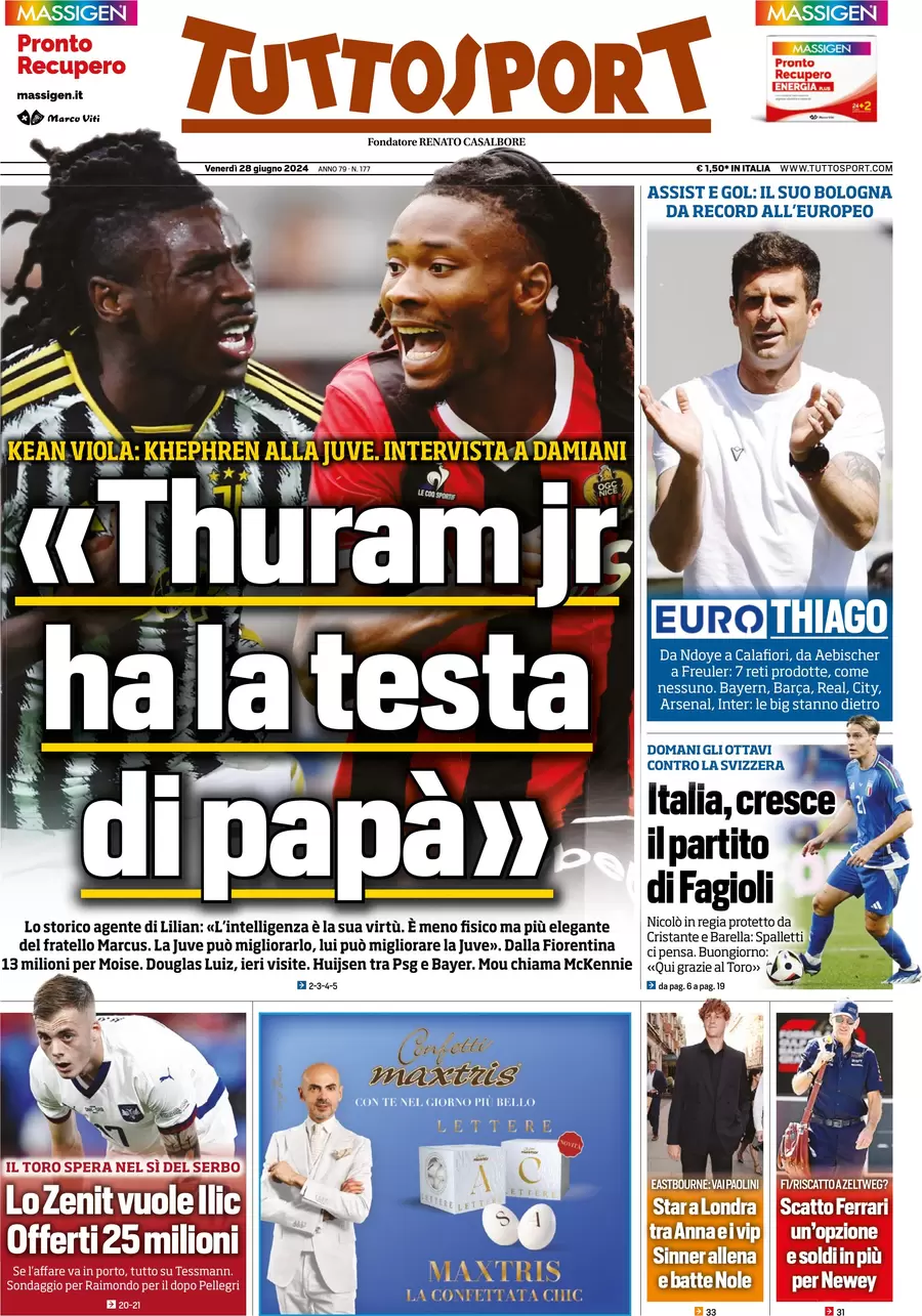 anteprima della prima pagina di tuttosport del 28/06/2024