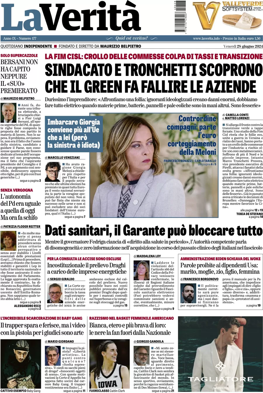 anteprima della prima pagina di la-verit del 28/06/2024