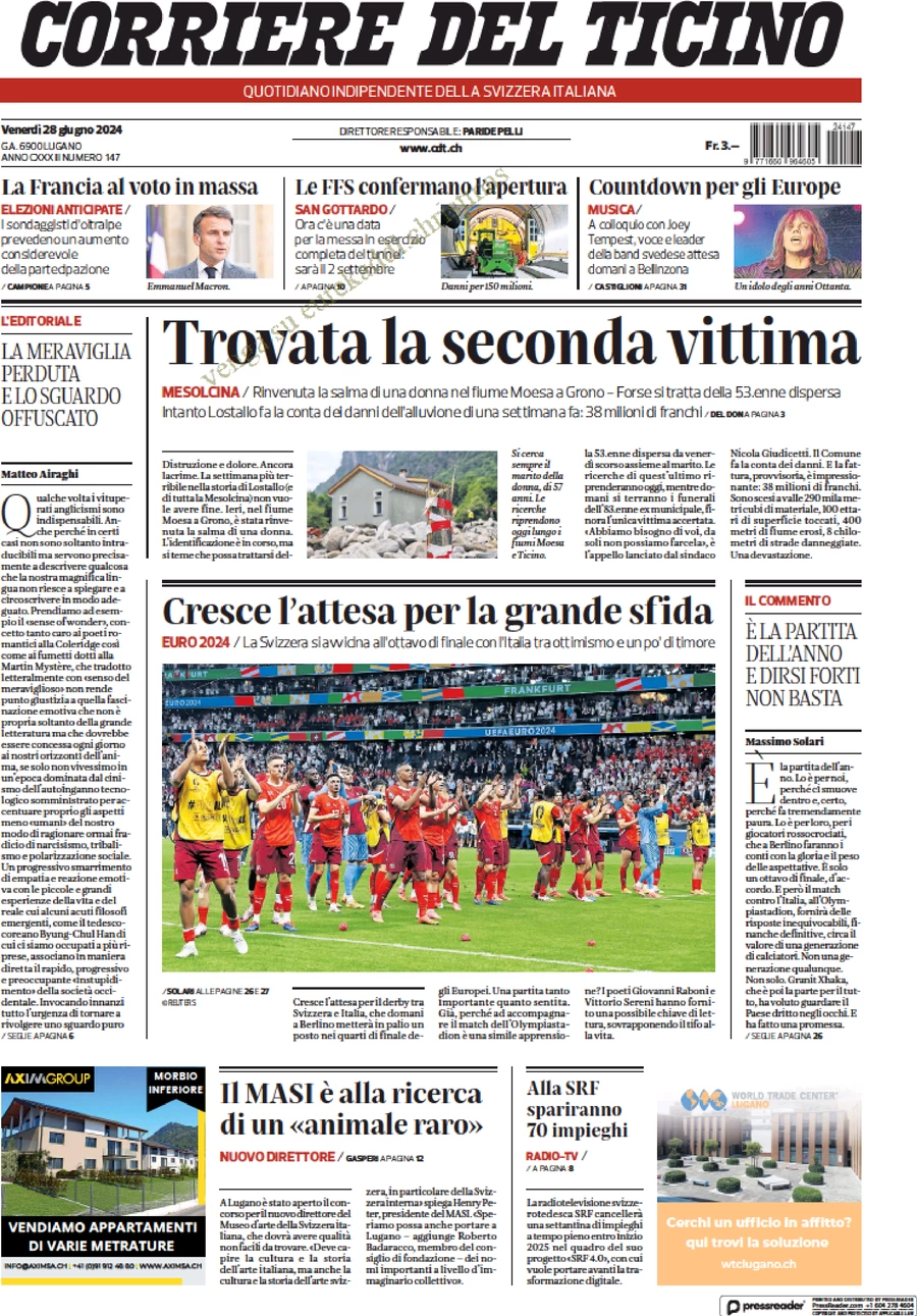 anteprima della prima pagina di corriere-del-ticino del 28/06/2024