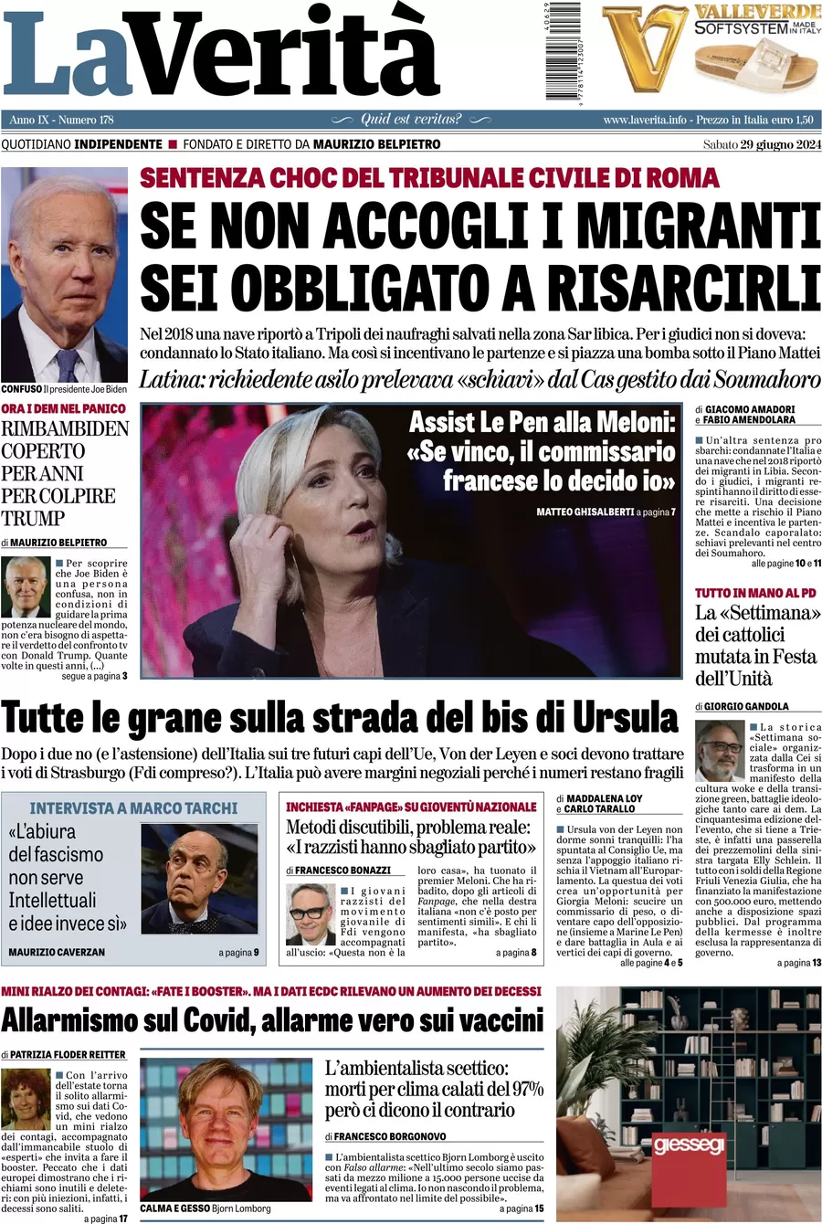 anteprima della prima pagina di la-verit del 29/06/2024