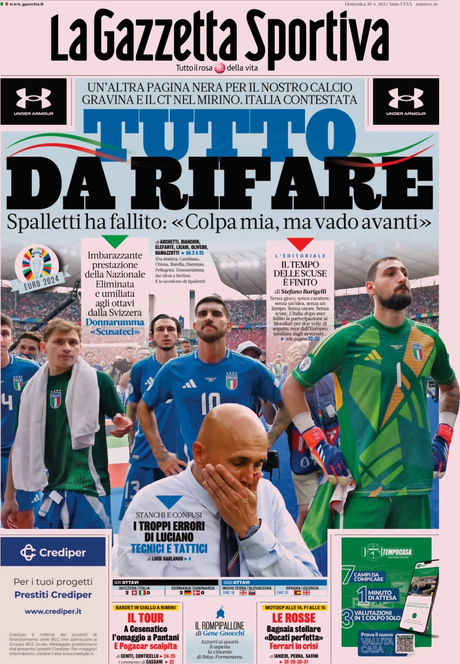 anteprima della prima pagina di la-gazzetta-dello-sport del 30/06/2024