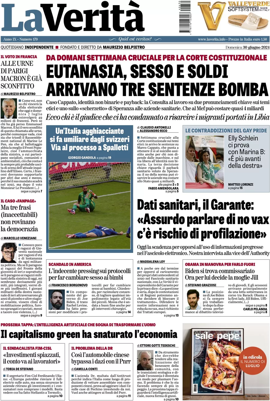 anteprima della prima pagina di la-verit del 30/06/2024