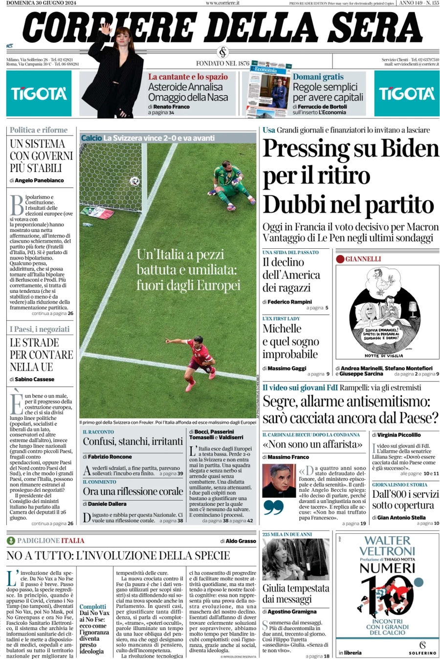 anteprima della prima pagina di corriere-della-sera del 30/06/2024