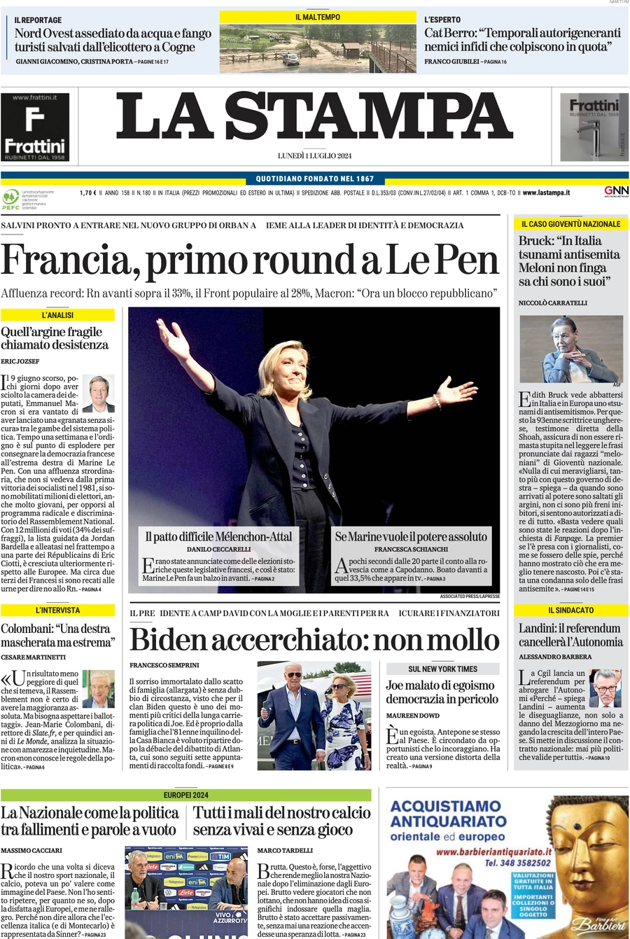 anteprima della prima pagina di la-stampa del 01/07/2024