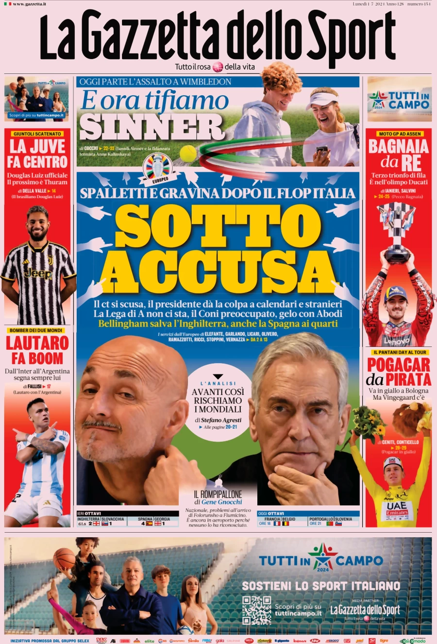 anteprima della prima pagina di la-gazzetta-dello-sport del 01/07/2024