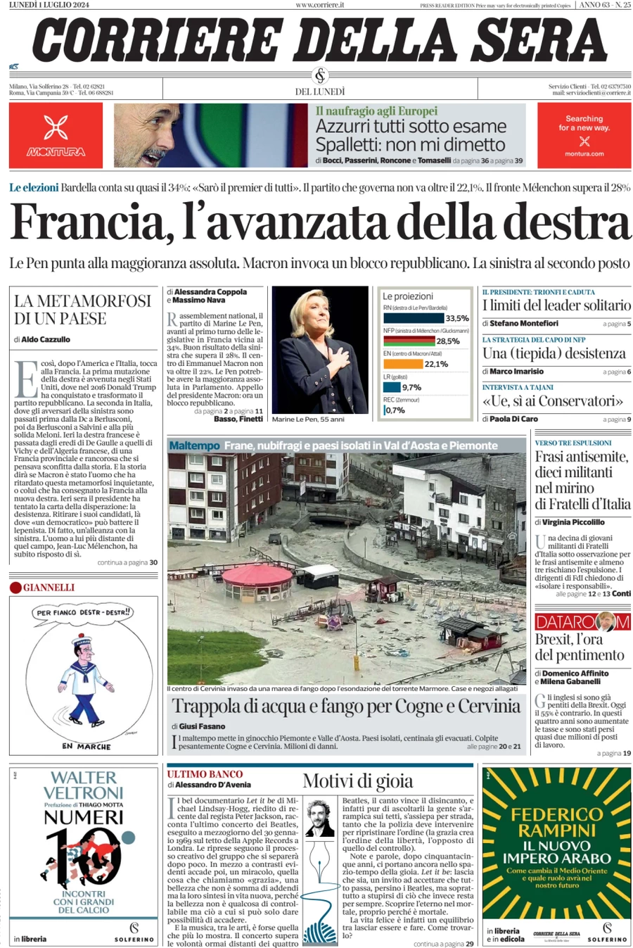 anteprima della prima pagina di corriere-della-sera del 01/07/2024