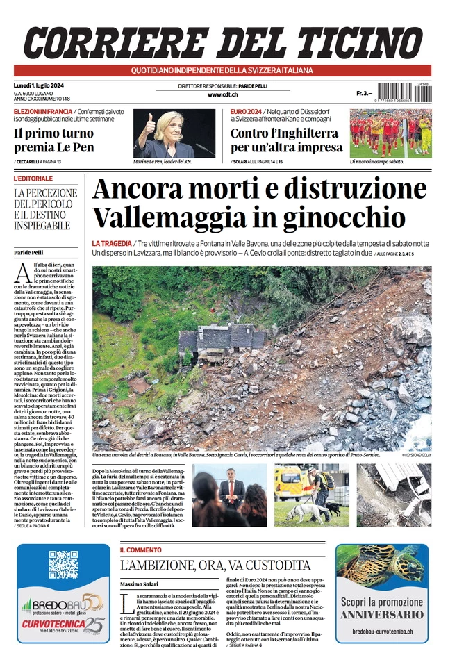 anteprima della prima pagina di corriere-del-ticino del 01/07/2024