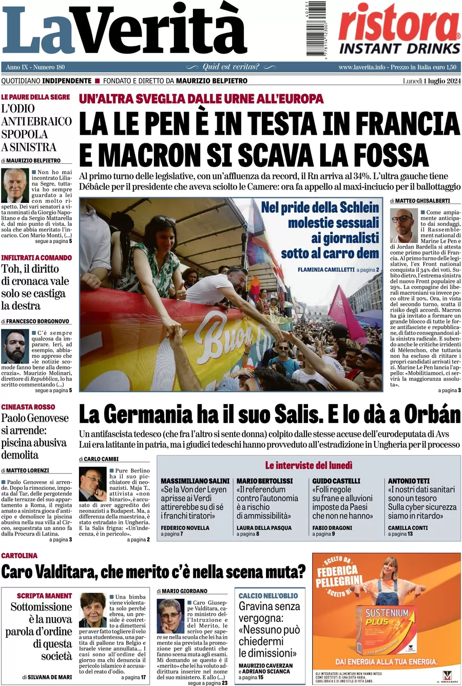 anteprima della prima pagina di la-verit del 01/07/2024