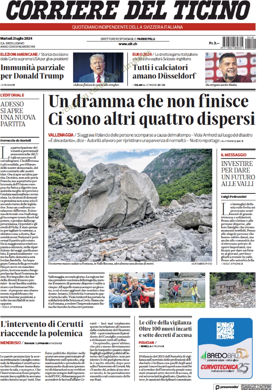 anteprima della prima pagina di corriere-del-ticino del 02/07/2024