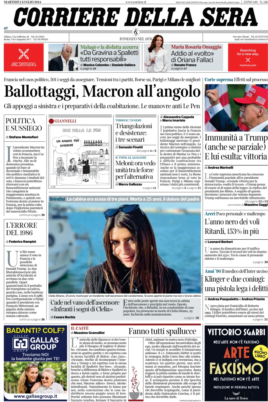 anteprima della prima pagina di corriere-della-sera del 02/07/2024