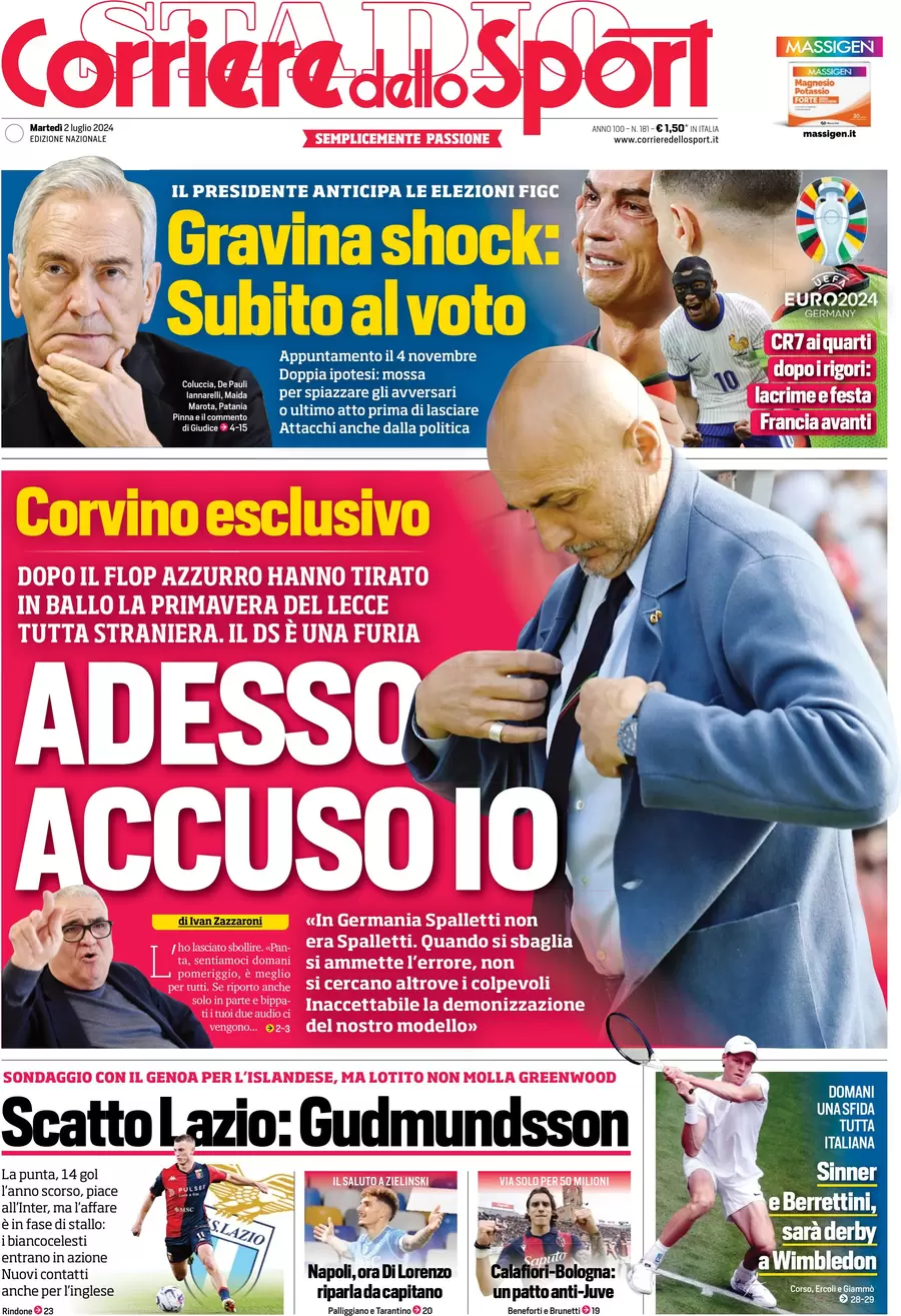 anteprima della prima pagina di corriere-dello-sport del 02/07/2024