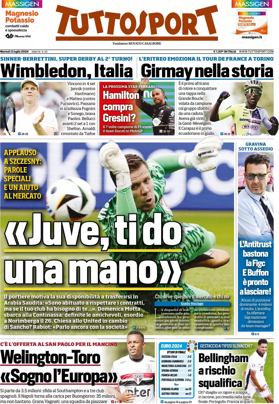 anteprima della prima pagina di tuttosport del 02/07/2024