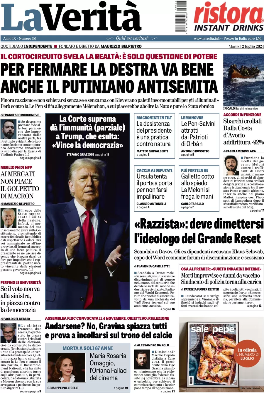 anteprima della prima pagina di la-verit del 02/07/2024