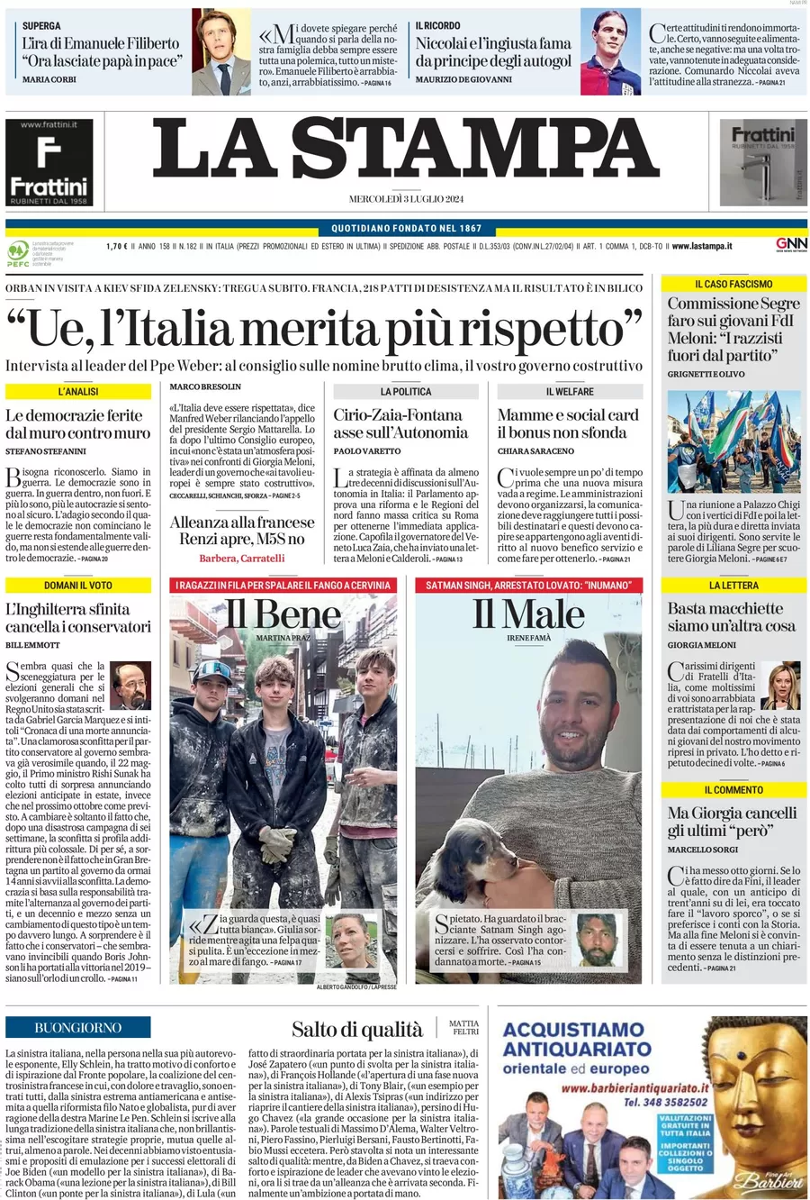 anteprima della prima pagina di la-stampa del 03/07/2024