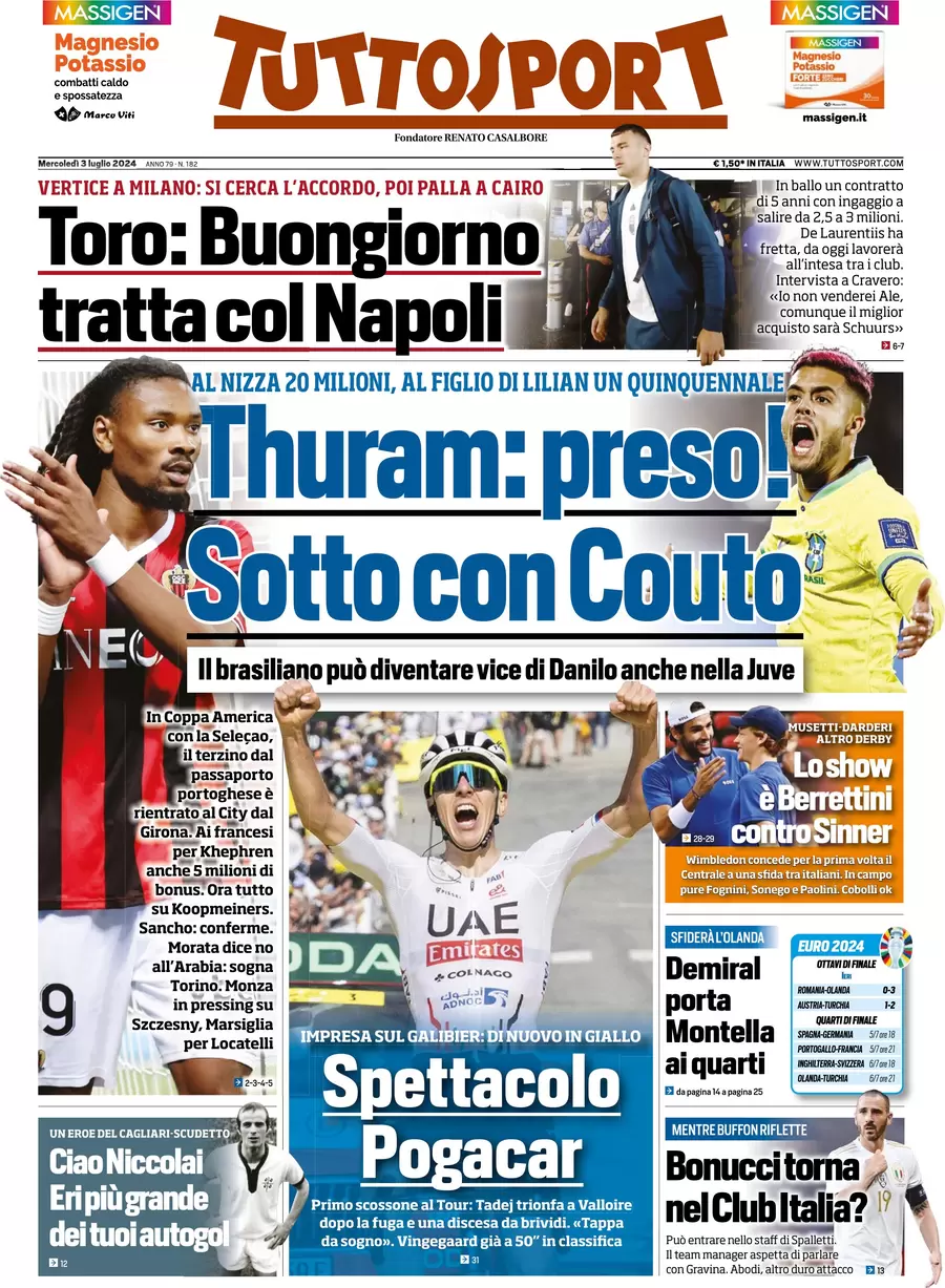 anteprima della prima pagina di tuttosport del 03/07/2024