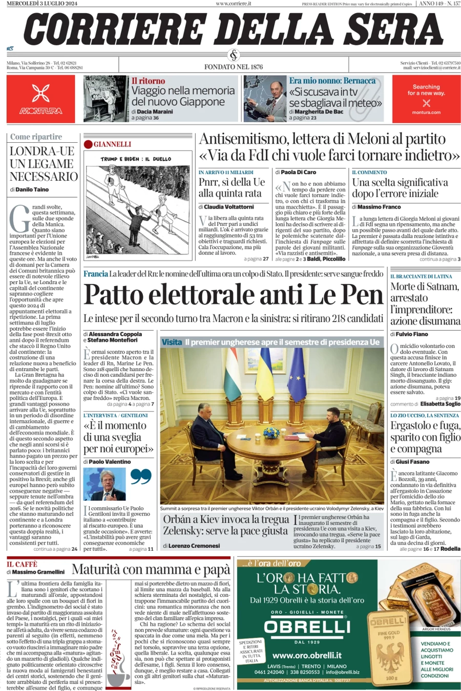 anteprima della prima pagina di corriere-della-sera del 03/07/2024