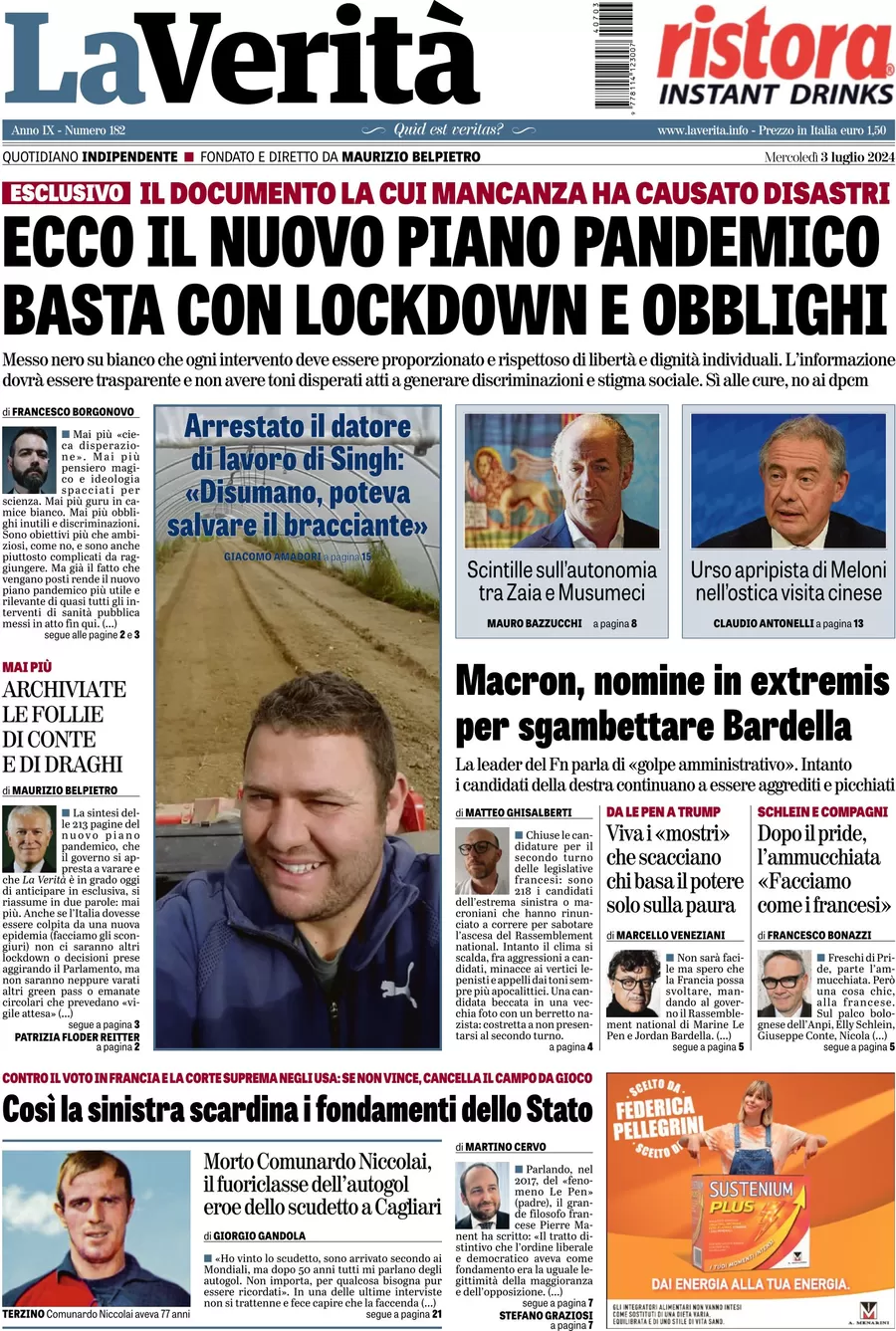 anteprima della prima pagina di la-verit del 03/07/2024